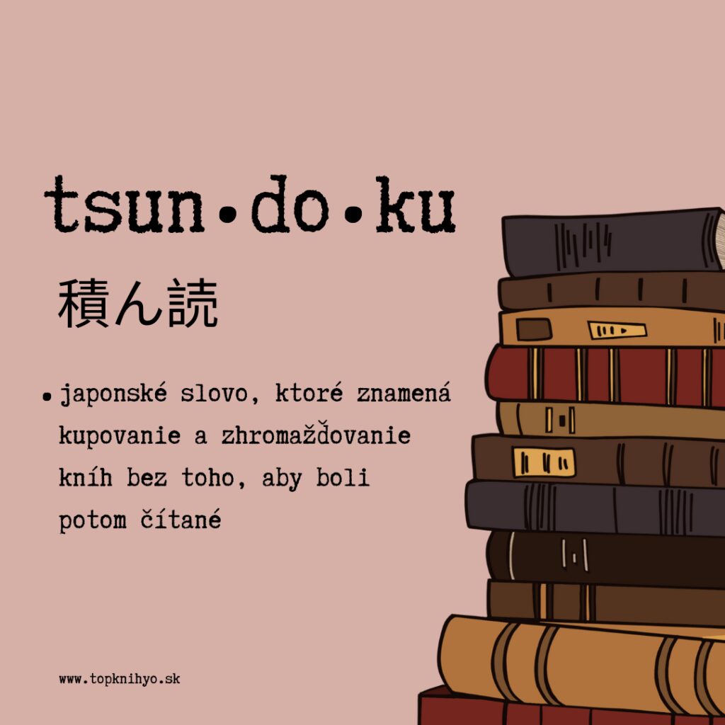 tsundoku slovo a hromada knih s vzsvetlenim co slovo znamena na ruzovom pozadi